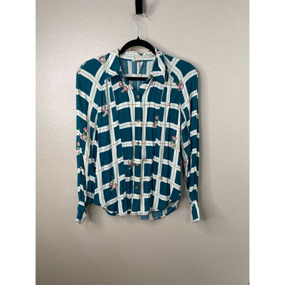 Free People XS Button-Up Plaid Floral Long Sleeve Blouse Teal Ivory Viscose - Picture 1 of 6